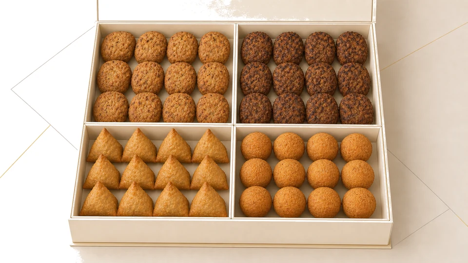 Tikona Dawat Box with dum kababs, Beef Chinese Samosas and Chicken Cheese Balls on a clean white background