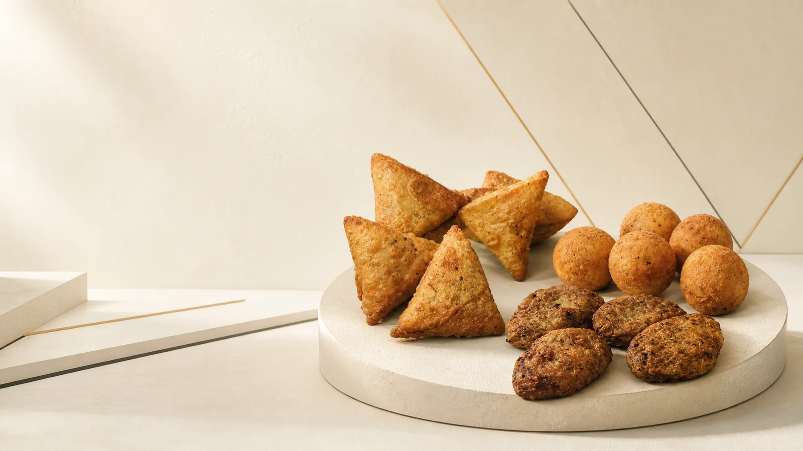 Tikona samosas, cheese balls and kababs arranged on an ivory pedestal