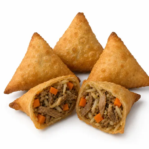 Tikona Beef Chinese Samosas with a cut-open beef, carrot and noodle filling