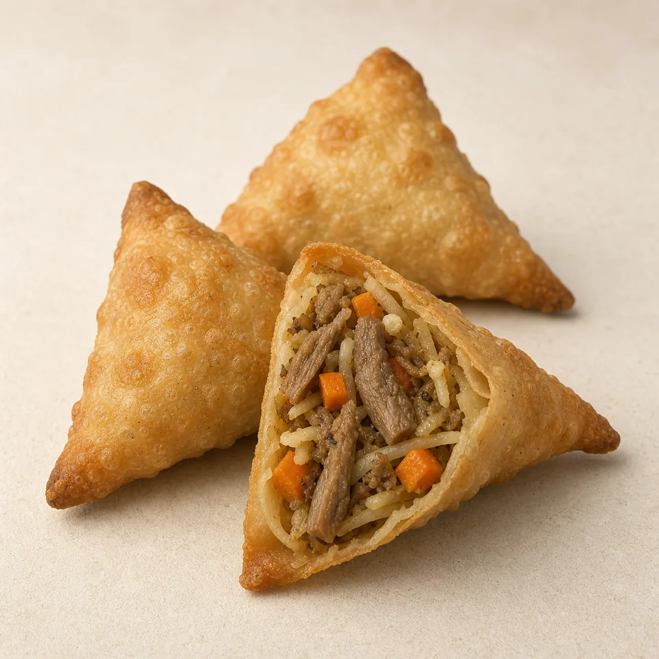 A cut-open Tikona samosa showing its generous savoury filling